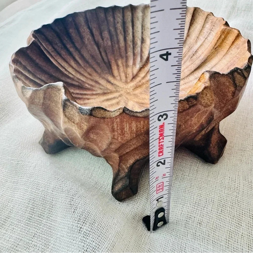 Vintage Pair of Hibiscus Shaped Carved Wooden Bowl with Pedestal - Picture 7 of 7